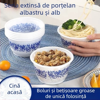 Vas de plastic de unică folosință, imitație de porțelan albastru și alb, rotund, pentru masă, nunți și uz casnic