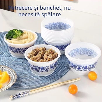 Vas de plastic de unică folosință, imitație de porțelan albastru și alb, rotund, pentru masă, nunți și uz casnic