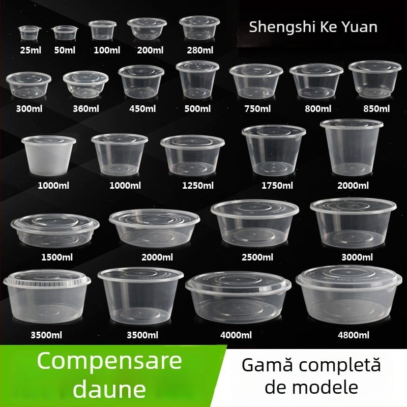 Cutie de prânz rotundă din plastic cu capac, recipient transparent pentru livrări, compatibil cu microunde, capacitate 1250 ml