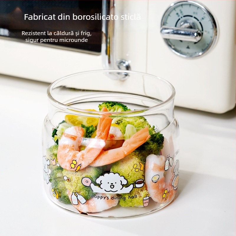 Cutie de mâncare din sticlă cu capac din silicon, compatibilă cu microunde, gătire la abur, alimentare de calitate, reutilizabilă, 501–800 ml