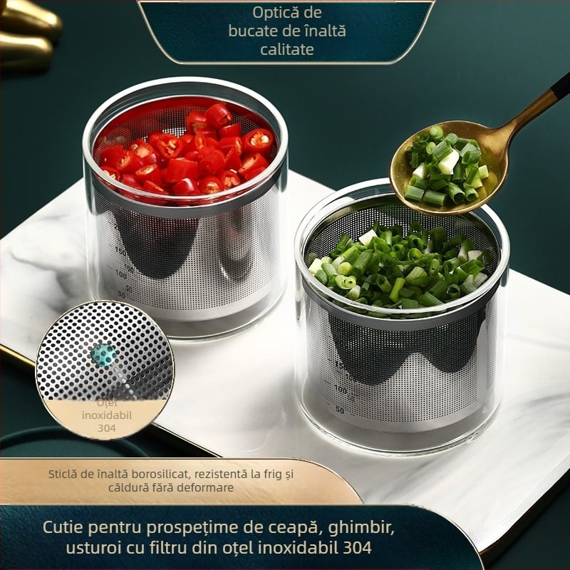 Cutie pentru păstrarea prospețimii pentru ceapă verde și ghimbir, cu capac, corp din sticlă, capac din silicon, filtru din oțel inoxidabil 304, drenaj, capacitate sub 300 ml