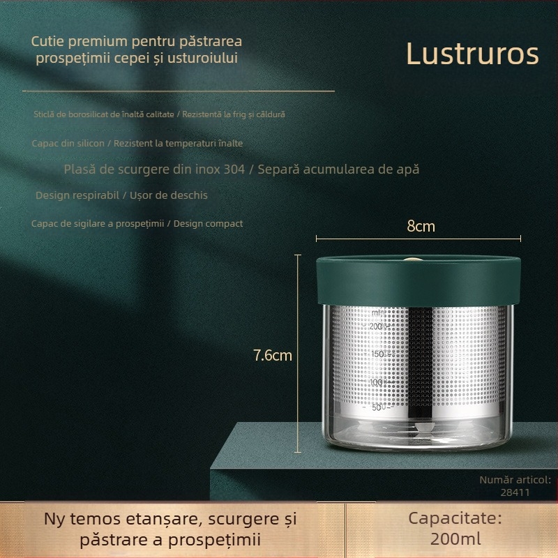 Cutie pentru păstrarea prospețimii pentru ceapă verde și ghimbir, cu capac, corp din sticlă, capac din silicon, filtru din oțel inoxidabil 304, drenaj, capacitate sub 300 ml