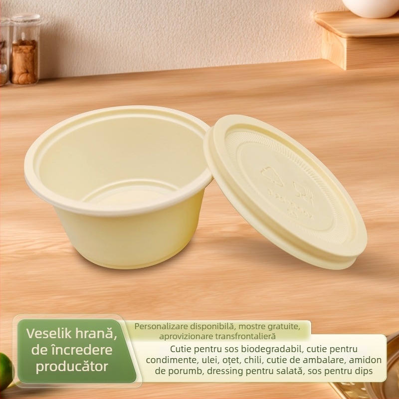 Cupe biodegradabile de unică folosință pentru sosuri, cu recipiente sigilate pentru condimente; din amidon de porumb; compatibile cu cuptorul cu microunde; ideale pentru dressinguri de salată și sosuri pentru dip