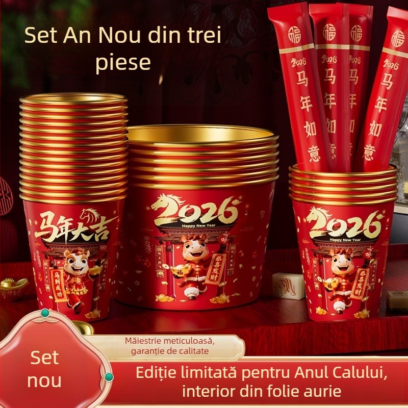 Set de farfurioare și bețișoare de unică folosință cu folie de aur, Anul Calului, 2026, îngroșat și întărit pentru uz casnic