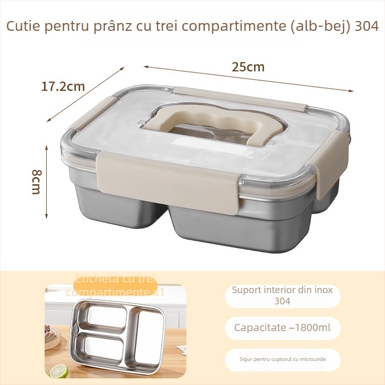 Cutie de conservare din oțel inoxidabil 304, cu mâner și capac etanș, 1800 ml, cu trei compartimente