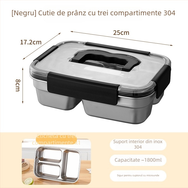 Cutie de conservare din oțel inoxidabil 304, cu mâner și capac etanș, 1800 ml, cu trei compartimente