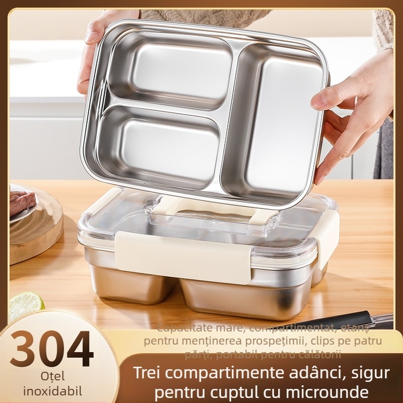 Cutie de conservare din oțel inoxidabil 304, cu mâner și capac etanș, 1800 ml, cu trei compartimente
