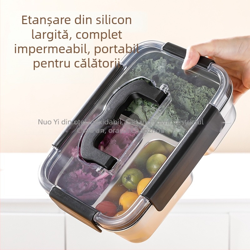 Cutie de conservare din oțel inoxidabil 304, cu mâner și capac etanș, 1800 ml, cu trei compartimente