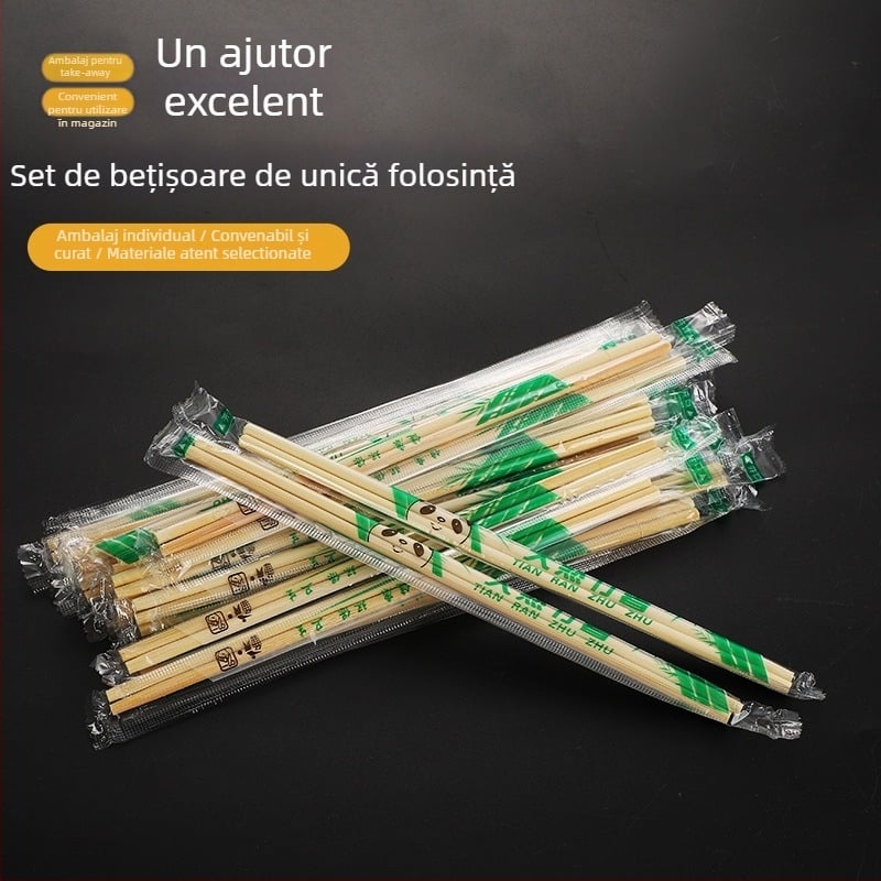 Bețișoare din bambus, de unică folosință, pentru ambalare restaurant take-out, ambalate individual, igienice, nerecomandate pentru cuptor cu microunde, biodegradabile.