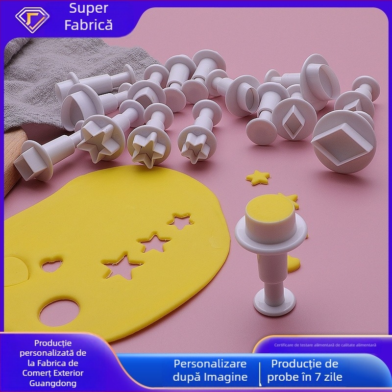 Formă pentru biscuiți cu fondant, design geometric – ștampilă prin presare, ABS; forme inimă, cerc și stea cu cinci colțuri
