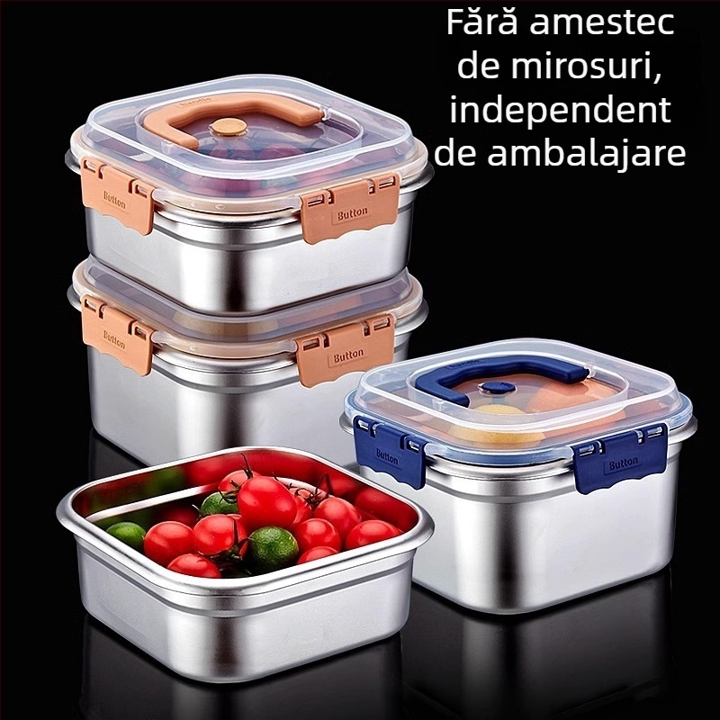 Cutie din oțel inoxidabil cu capac pentru păstrarea prospețimii, formă pătrată, capacitate 2,1–3 L, un singur strat, pentru uz casnic