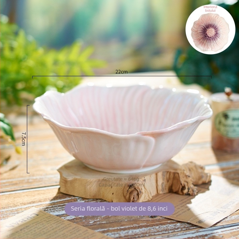 Set ceramic cu flori sub glazură — boluri și farfurii cu formă neregulată, compatibil cu microundele