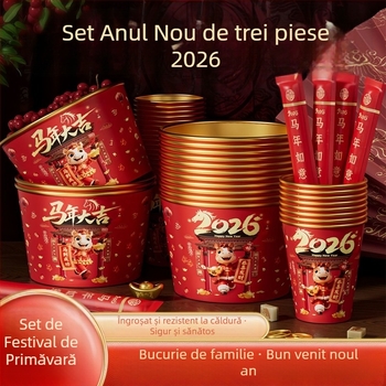 2026 Anul Calului – Set de unică folosință cu boluri și bețișoare cu foiță de aur, pentru uz casnic, îngroșat și întărit, pahare și boluri de hârtie festive