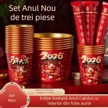 2026 Anul Calului – Set de unică folosință cu boluri și bețișoare cu foiță de aur, pentru uz casnic, îngroșat și întărit, pahare și boluri de hârtie festive