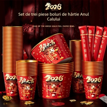 2026 Anul Calului – Set de unică folosință cu boluri și bețișoare cu foiță de aur, pentru uz casnic, îngroșat și întărit, pahare și boluri de hârtie festive