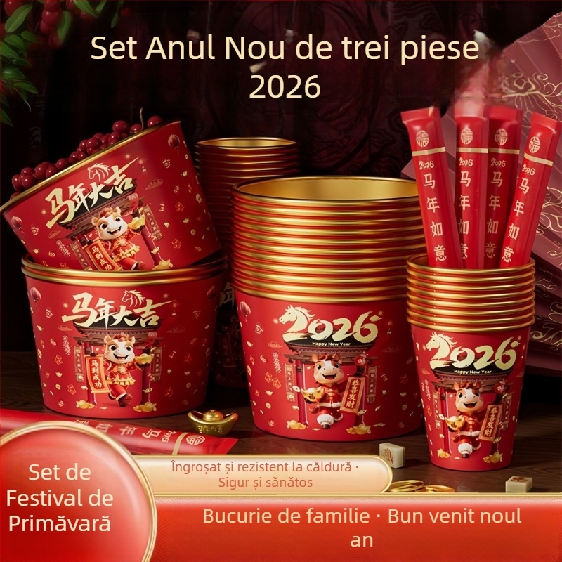 2026 Anul Calului – Set de unică folosință cu boluri și bețișoare cu foiță de aur, pentru uz casnic, îngroșat și întărit, pahare și boluri de hârtie festive