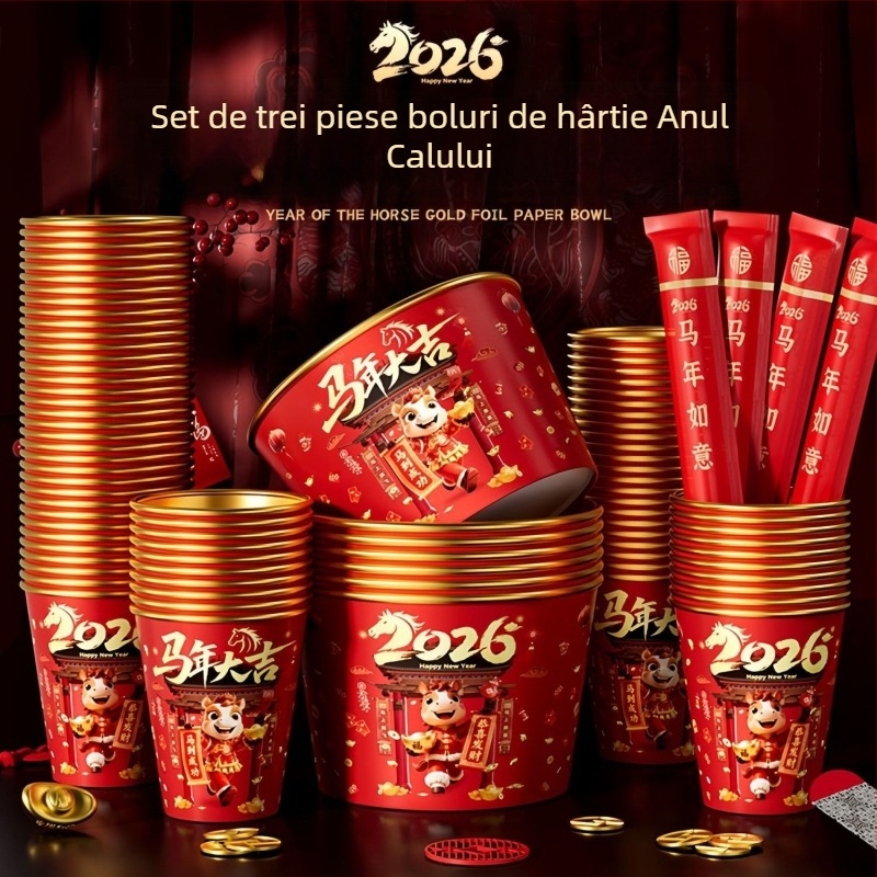 2026 Anul Calului – Set de unică folosință cu boluri și bețișoare cu foiță de aur, pentru uz casnic, îngroșat și întărit, pahare și boluri de hârtie festive