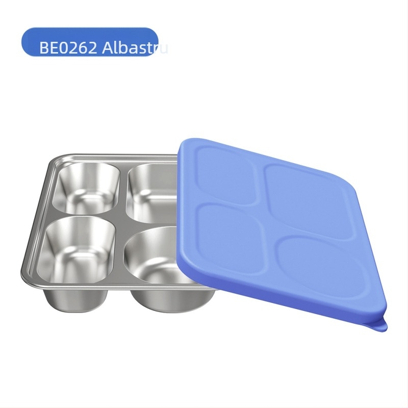 Farfurie pentru copii cu patru compartimente, din oțel inox 304, capac din silicon — pachet de 2, design minimalist modern, potrivit pentru copii de peste 6 luni