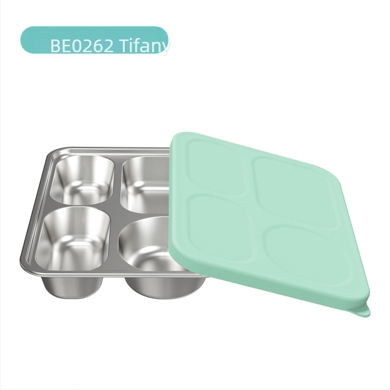 Farfurie pentru copii cu patru compartimente, din oțel inox 304, capac din silicon — pachet de 2, design minimalist modern, potrivit pentru copii de peste 6 luni