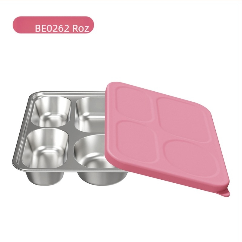 Farfurie pentru copii cu patru compartimente, din oțel inox 304, capac din silicon — pachet de 2, design minimalist modern, potrivit pentru copii de peste 6 luni