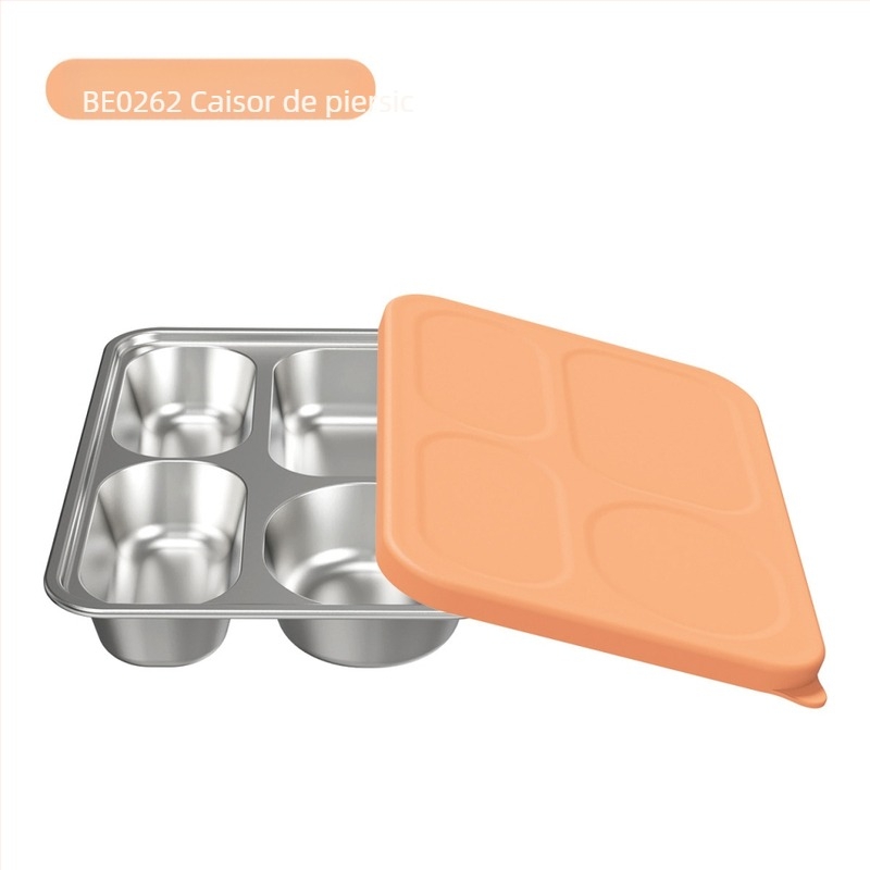 Farfurie pentru copii cu patru compartimente, din oțel inox 304, capac din silicon — pachet de 2, design minimalist modern, potrivit pentru copii de peste 6 luni