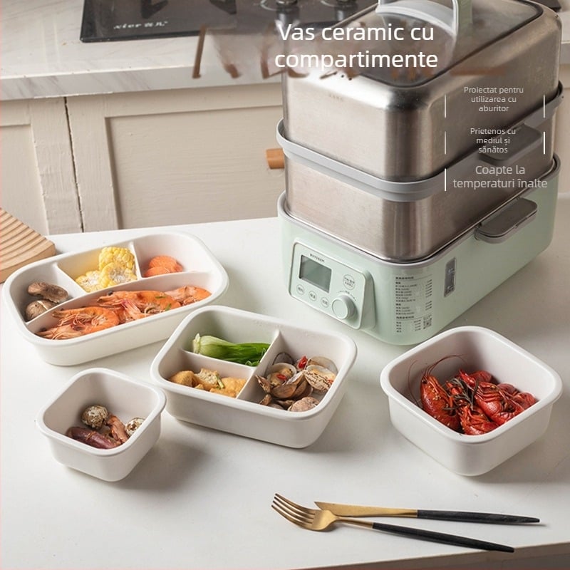 Cutie de prânz ceramică, compatibilă cu microunde, 800–1000 ml, dreptunghiulară, cu capac sigilat