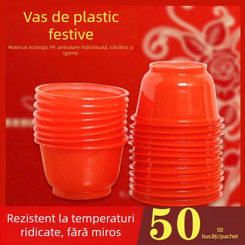 Vasuri de unică folosință, rotunde, din plastic, îngroșate, cu imprimare de logo, necompatibile cu microundele, ambalate în cutie