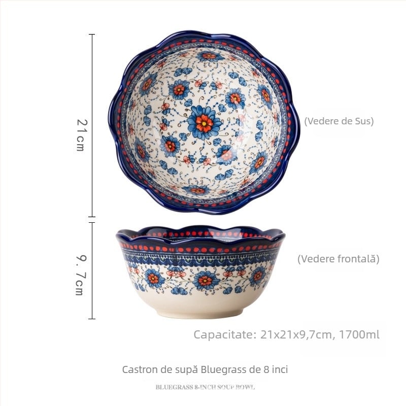 Set ceramic de boluri cu linguri, desen floral etnic pictat manual sub glazură, stil retro lux, capacitate 2000 ml