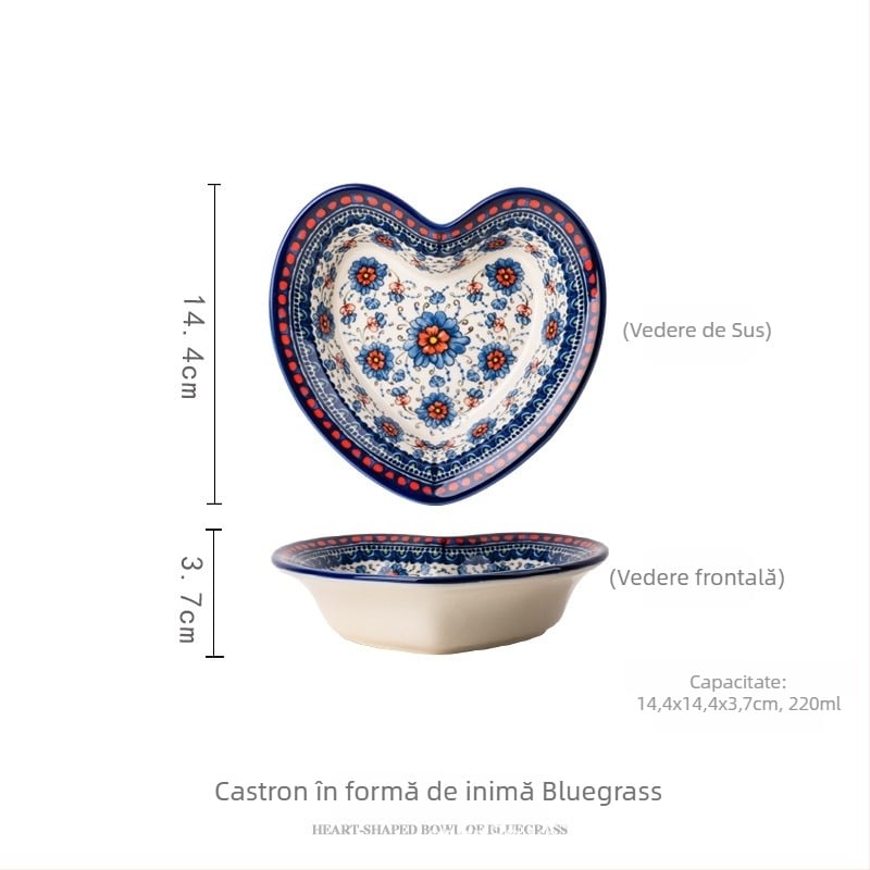 Set ceramic de boluri cu linguri, desen floral etnic pictat manual sub glazură, stil retro lux, capacitate 2000 ml