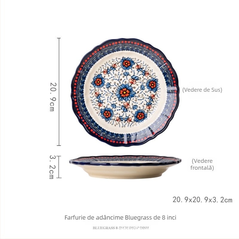 Set ceramic de boluri cu linguri, desen floral etnic pictat manual sub glazură, stil retro lux, capacitate 2000 ml