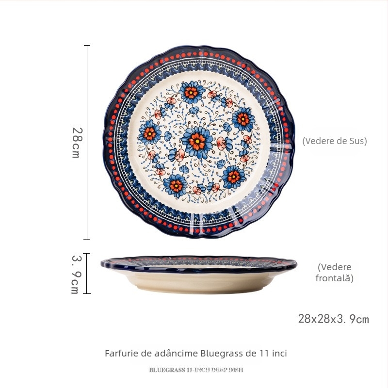 Set ceramic de boluri cu linguri, desen floral etnic pictat manual sub glazură, stil retro lux, capacitate 2000 ml