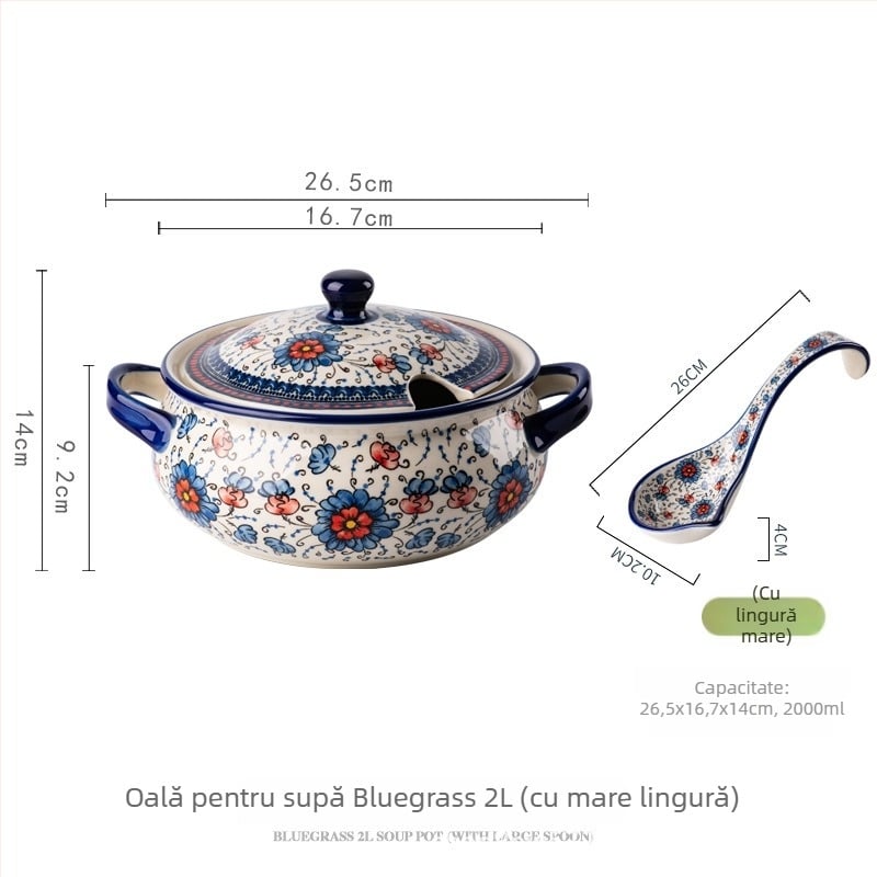 Set ceramic de boluri cu linguri, desen floral etnic pictat manual sub glazură, stil retro lux, capacitate 2000 ml
