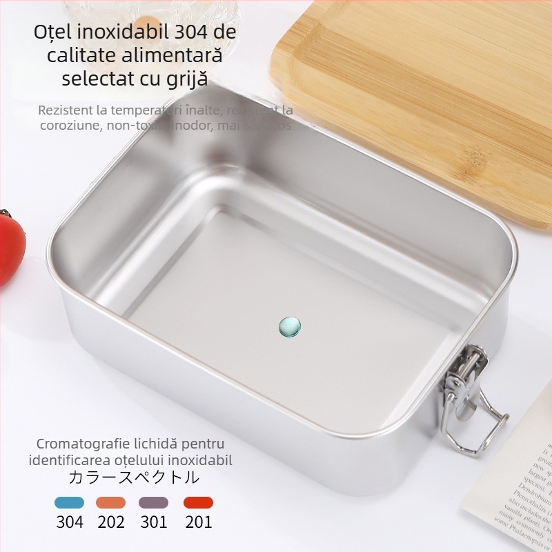 Cutie de păstrare a alimentelor din oțel inoxidabil 304, stil japonez, cu capac din bambus, de formă dreptunghiulară, etanșă