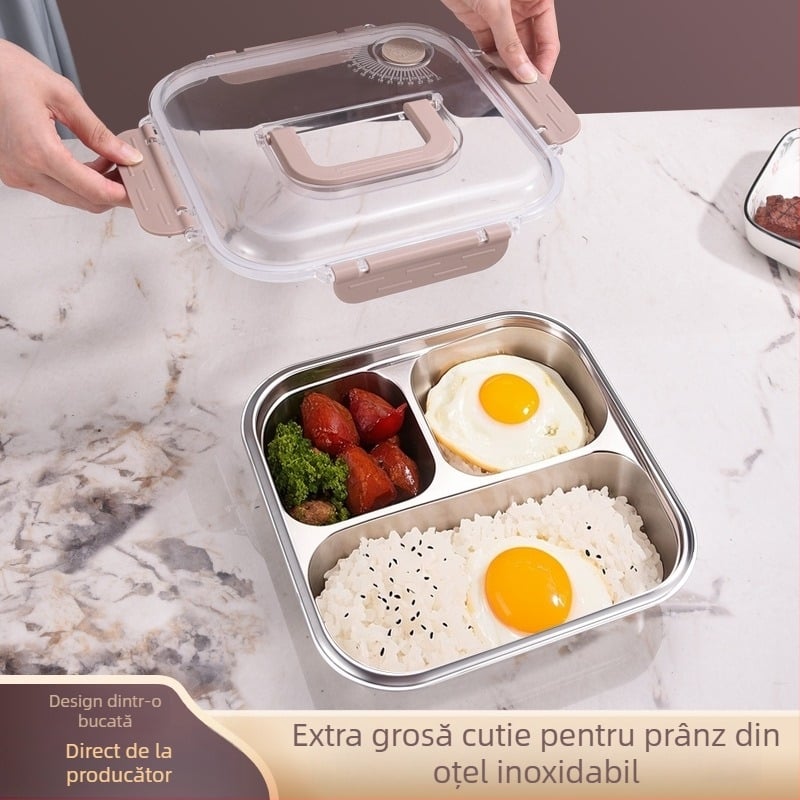 Cutie pentru prânz din oțel inoxidabil 304, formă pătrată, cu 3 sau 4 compartimente, capacitate 2.1-3 L, un singur strat, sigilează pentru a menține hrana proaspătă