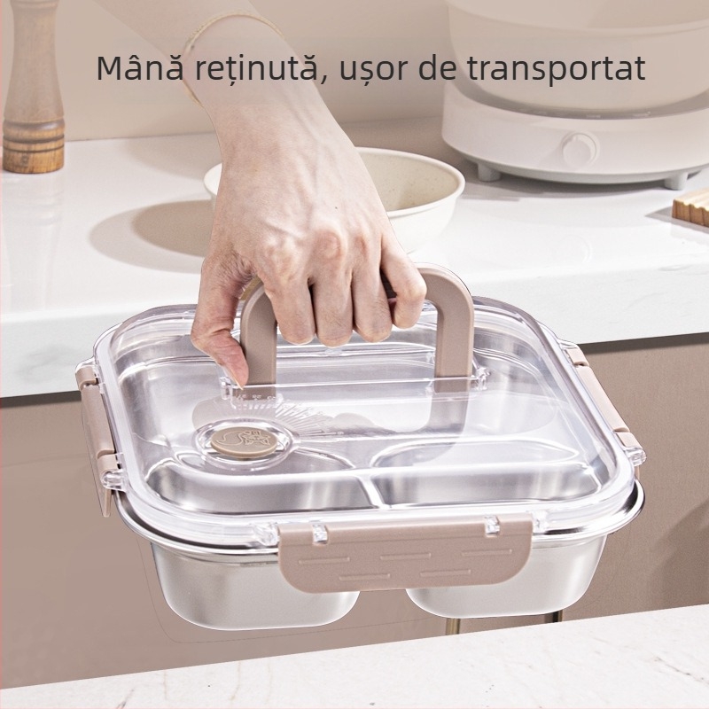 Cutie pentru prânz din oțel inoxidabil 304, formă pătrată, cu 3 sau 4 compartimente, capacitate 2.1-3 L, un singur strat, sigilează pentru a menține hrana proaspătă