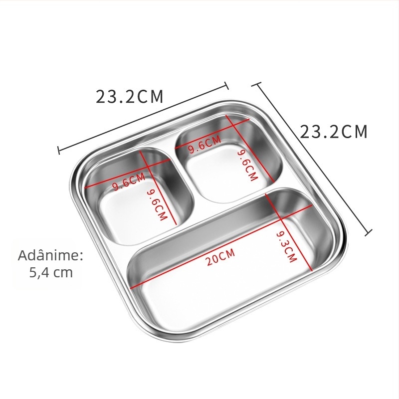 Cutie pentru prânz din oțel inoxidabil 304, formă pătrată, cu 3 sau 4 compartimente, capacitate 2.1-3 L, un singur strat, sigilează pentru a menține hrana proaspătă