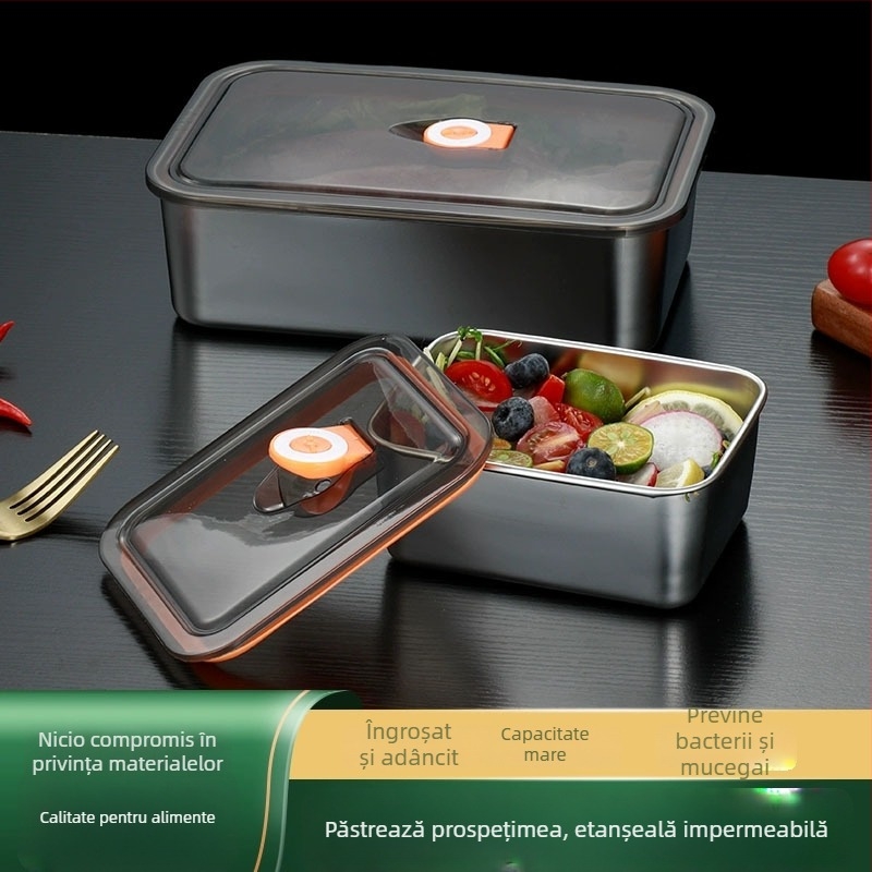 Recipient din oțel inoxidabil, dreptunghiular, cu capac, pentru depozitarea și conservarea alimentelor; nu este potrivit pentru cuptorul cu microunde; pentru bucătărie casnică.
