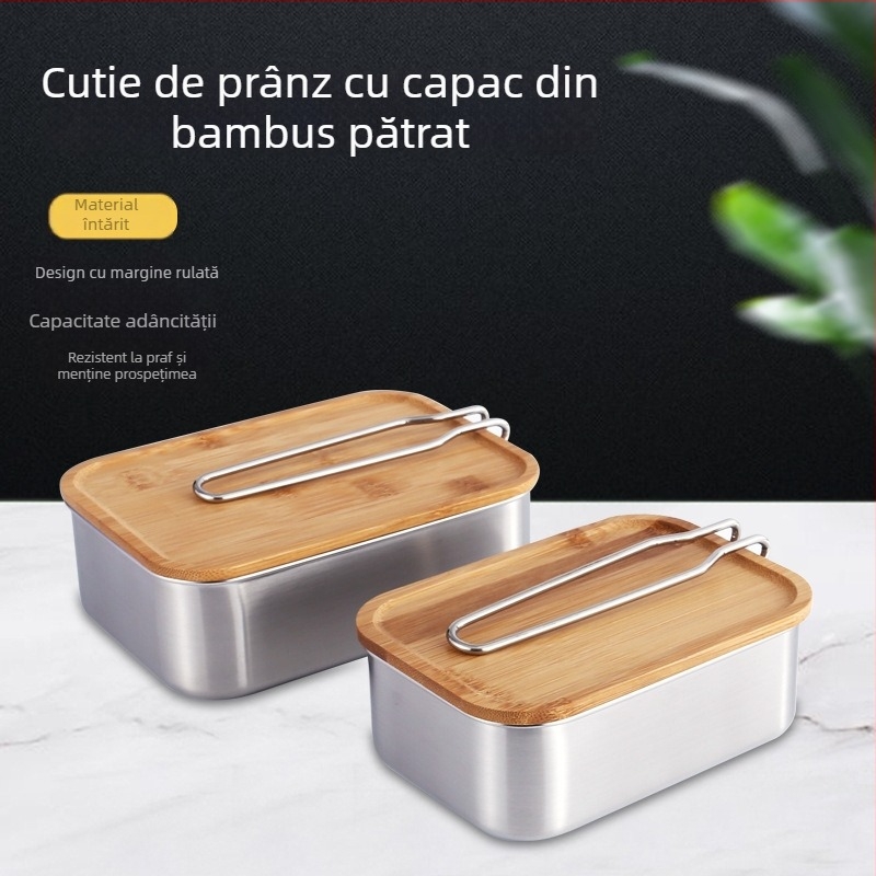 Cutie pentru prânz din oțel inoxidabil cu capac din bambus, pătrat, 501–800 ml, menține alimentele proaspete