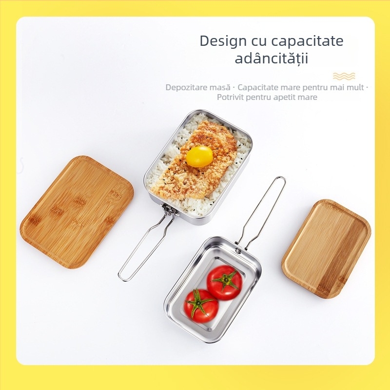 Cutie pentru prânz din oțel inoxidabil cu capac din bambus, pătrat, 501–800 ml, menține alimentele proaspete