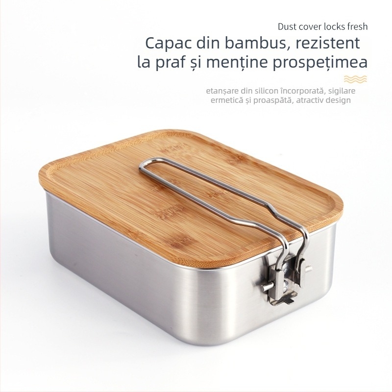 Cutie pentru prânz din oțel inoxidabil cu capac din bambus, pătrat, 501–800 ml, menține alimentele proaspete