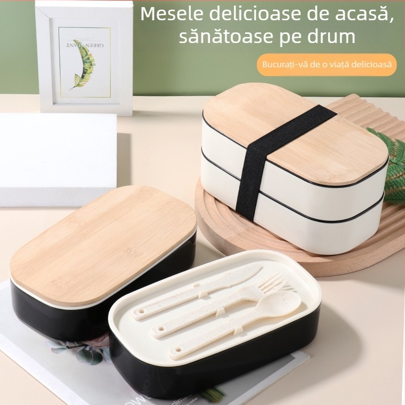 Cutie de prânz Bento din plastic cu capac din bambus, cu două compartimente, pentru microunde, izolată și fără scurgeri