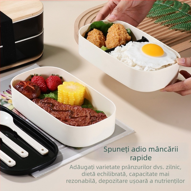 Cutie de prânz Bento din plastic cu capac din bambus, cu două compartimente, pentru microunde, izolată și fără scurgeri