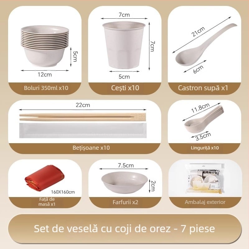 Veselă de unică folosință pentru camping – fibră din coji de orez + PP, bol oval și bețișoare, set de patru piese