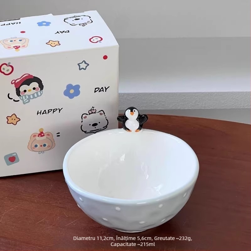 Set ceramic de veselă pentru masă cu pinguin în stil desen animat, design asimetric, capacitate 300 ml, făcut manual, personalizare posibilă