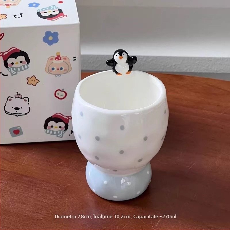 Set ceramic de veselă pentru masă cu pinguin în stil desen animat, design asimetric, capacitate 300 ml, făcut manual, personalizare posibilă