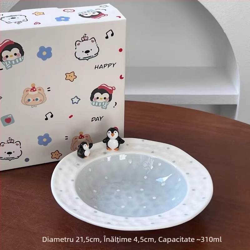 Set ceramic de veselă pentru masă cu pinguin în stil desen animat, design asimetric, capacitate 300 ml, făcut manual, personalizare posibilă