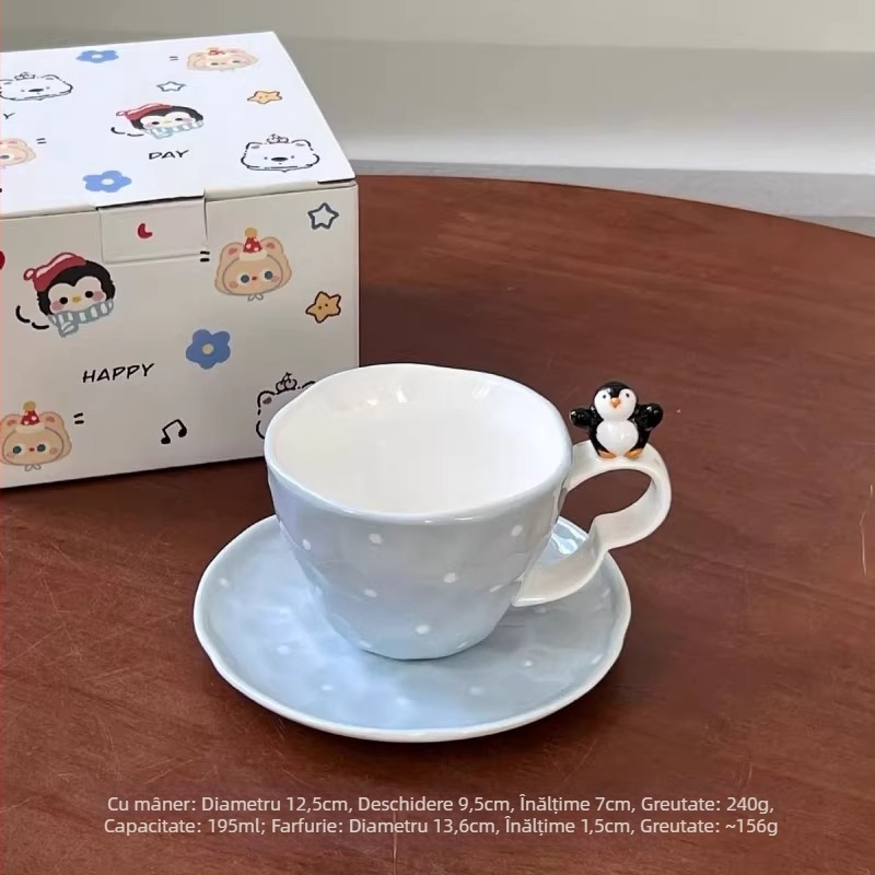 Set ceramic de veselă pentru masă cu pinguin în stil desen animat, design asimetric, capacitate 300 ml, făcut manual, personalizare posibilă