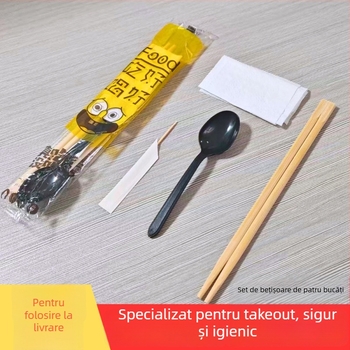 Set tacâmuri de unică folosință: bețișe de mâncare, lingură 4 în 1, șervețel și scobitoare, în ambalaj individual; cutie 100 buc.; nedigerabil; valabilitate 36; origine Guangxi