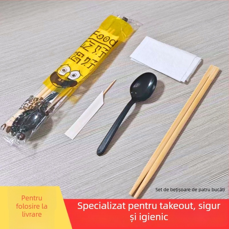 Set tacâmuri de unică folosință: bețișe de mâncare, lingură 4 în 1, șervețel și scobitoare, în ambalaj individual; cutie 100 buc.; nedigerabil; valabilitate 36; origine Guangxi