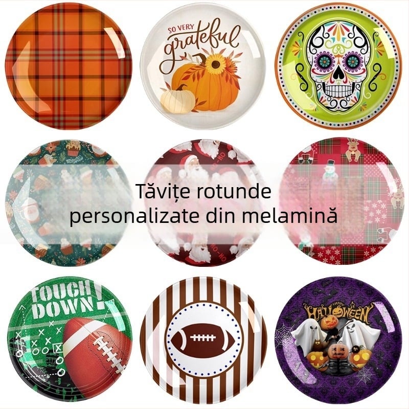 Farfurie plată rotundă din melamină, stil occidental, modele variate, imprimare siglă și personalizare disponibile